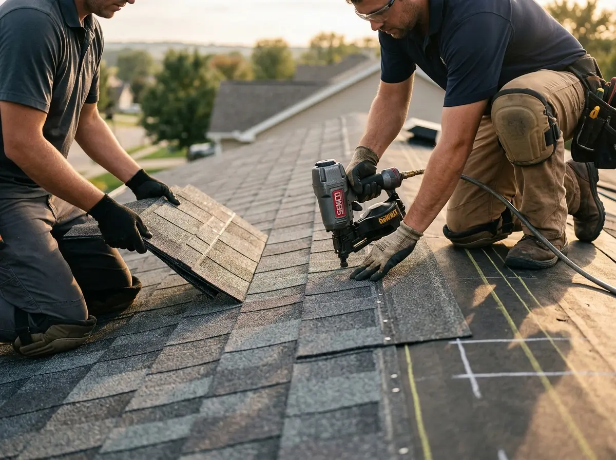 Professional roofer working on a residential roof in French Valley